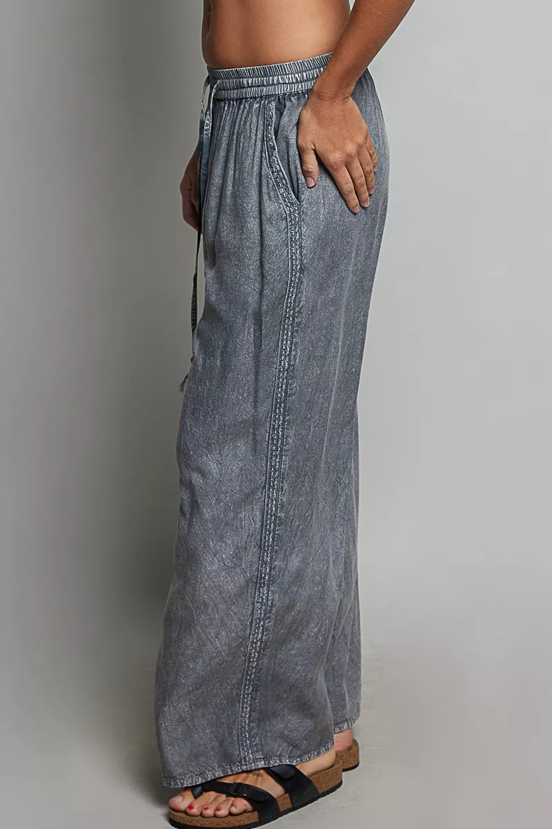 Women's Tassel Drawstring Embroidered Wide Leg Pants - Pants