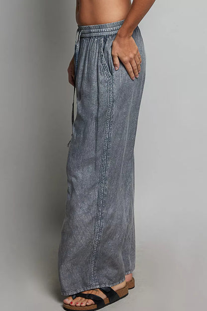 Women's Tassel Drawstring Embroidered Wide Leg Pants - Pants