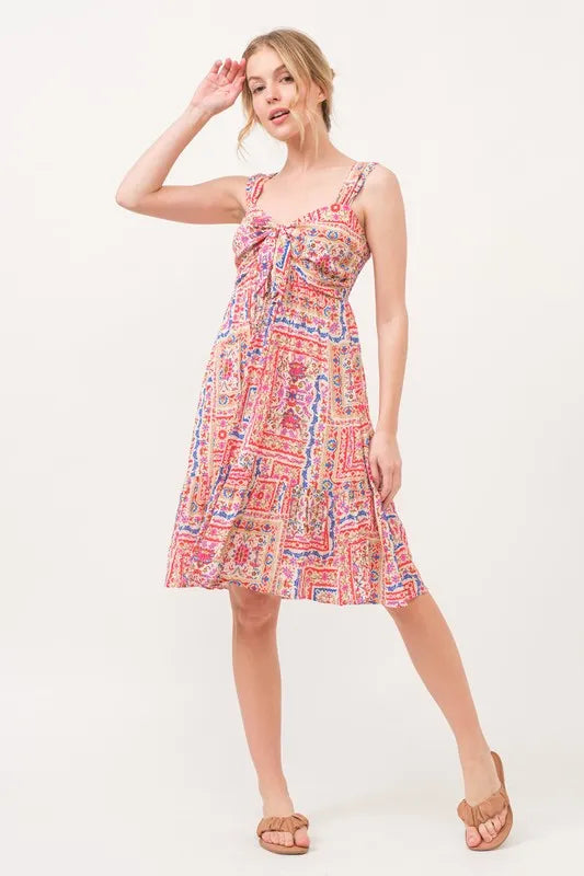 Tied Front Smocked Back Tiered Boho Mini Dress – outfit idea for women | Ro + Ivy