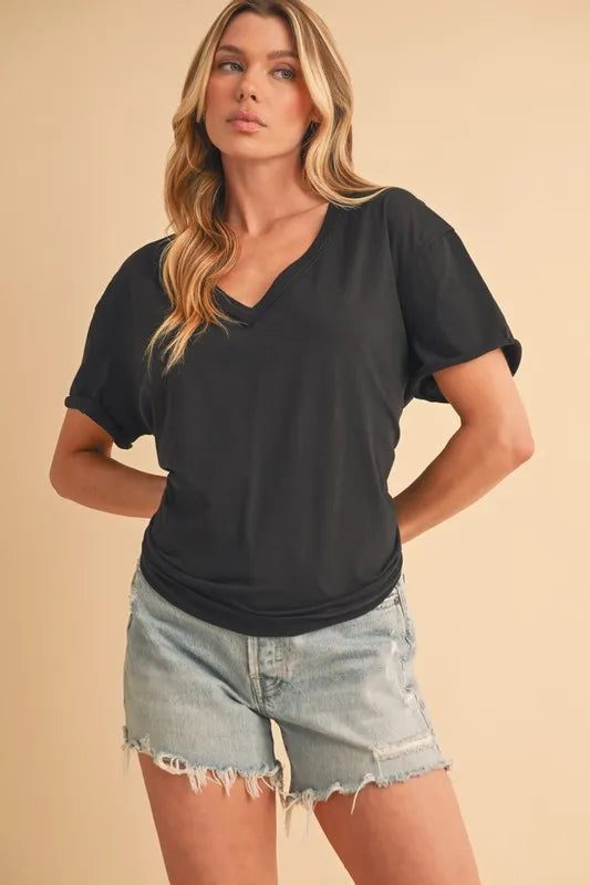 V-Neck Short Sleeve Cotton T-Shirt in Black | Trendy T-Shirts Outfit Idea for Women by Ro + Ivy | Elevated Basics, Modern Comfort & Style