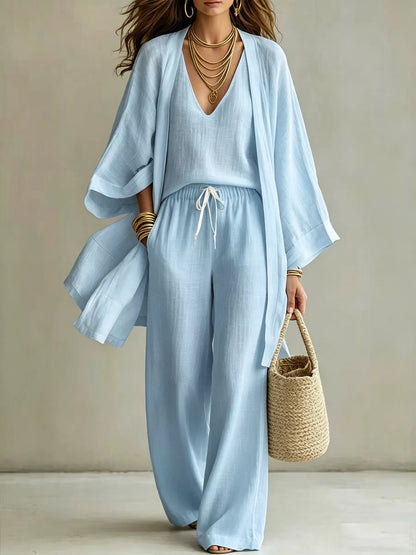 Three-Piece Lounge Set with V-Neck Top, Open Cardigan and Drawstring Pants Sky Blue