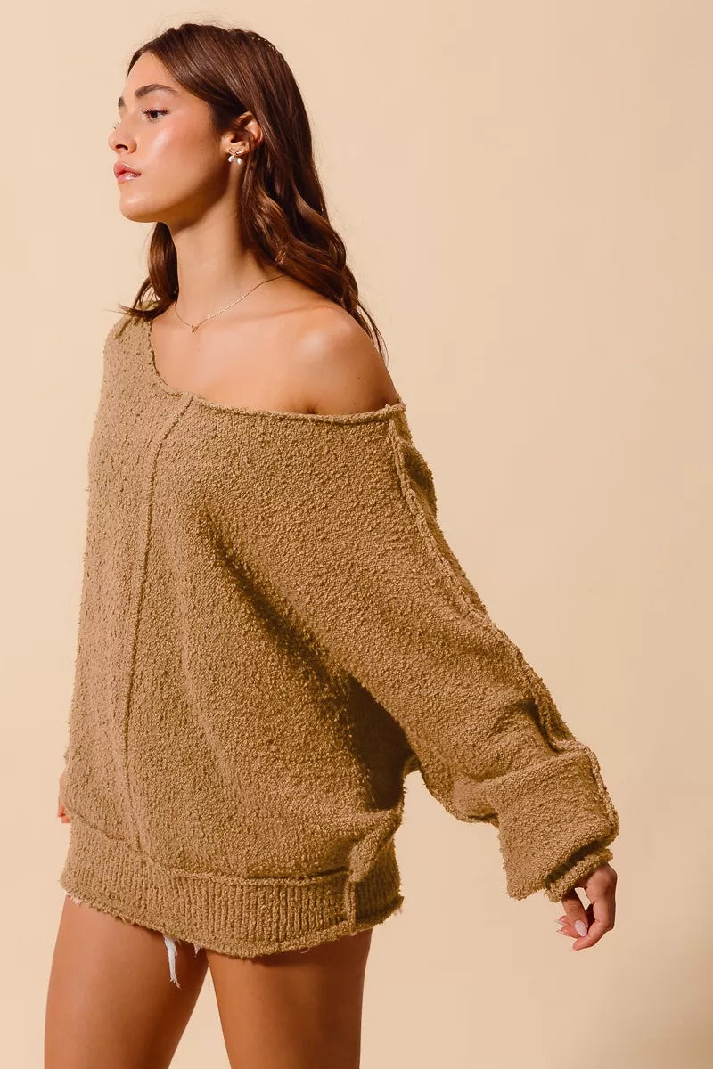 Boucle Loose Fit Sweater with Exposed Seam in Taupe | Trendy Sweaters Outfit Idea for Women by Ro + Ivy | Elevated Basics, Modern Comfort & Style