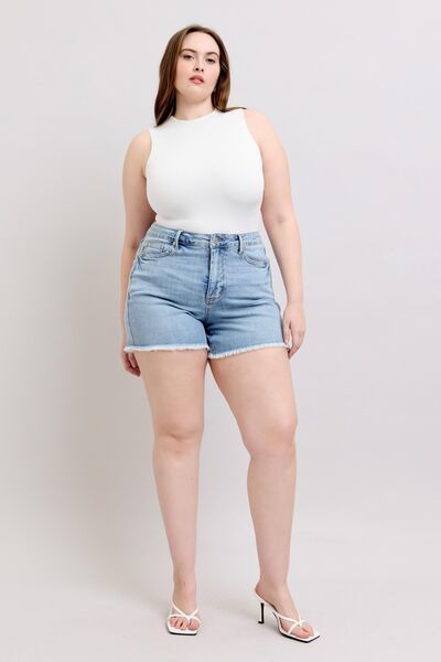 Full Size Tummy Control Raw Hem Denim Shorts Plus Size - Ro + Ivy