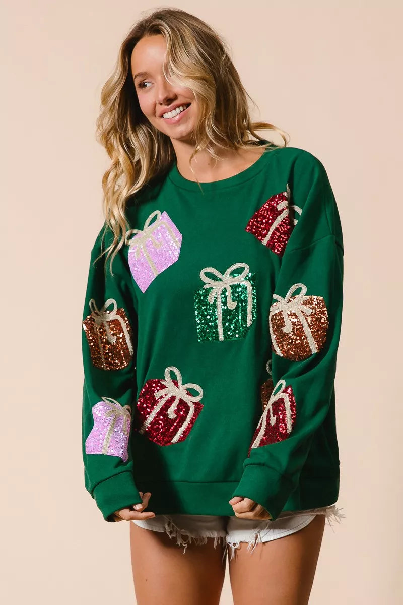 GREEN Sequins Gift Box Christmas Crewneck Sweater | Trendy Sweaters Outfit Idea for Women by Ro + Ivy | Elevated Basics, Modern Comfort & Style