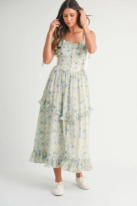 Floral Printed Shoulder Strap Midi Dress – outfit idea for women | Ro + Ivy