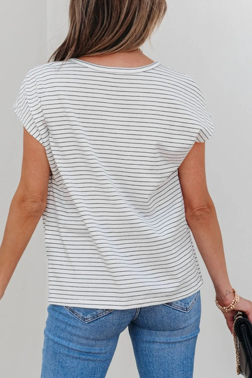 Stripe Short Sleeve Crew Neck Casual Tee With Chest Pocket - Shirts