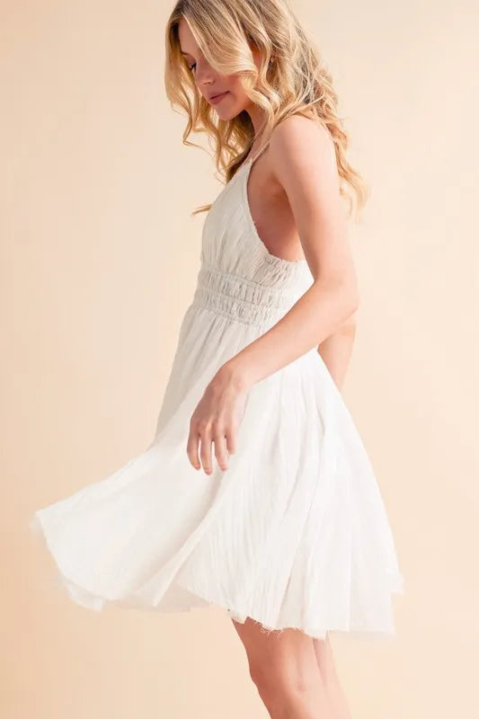 Lace Detail Cami Mini Dress in White – outfit idea for women | Ro + Ivy