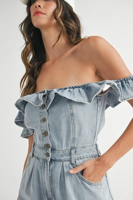 Off Shoulder Ruffle Detail Denim Romper - Rompers