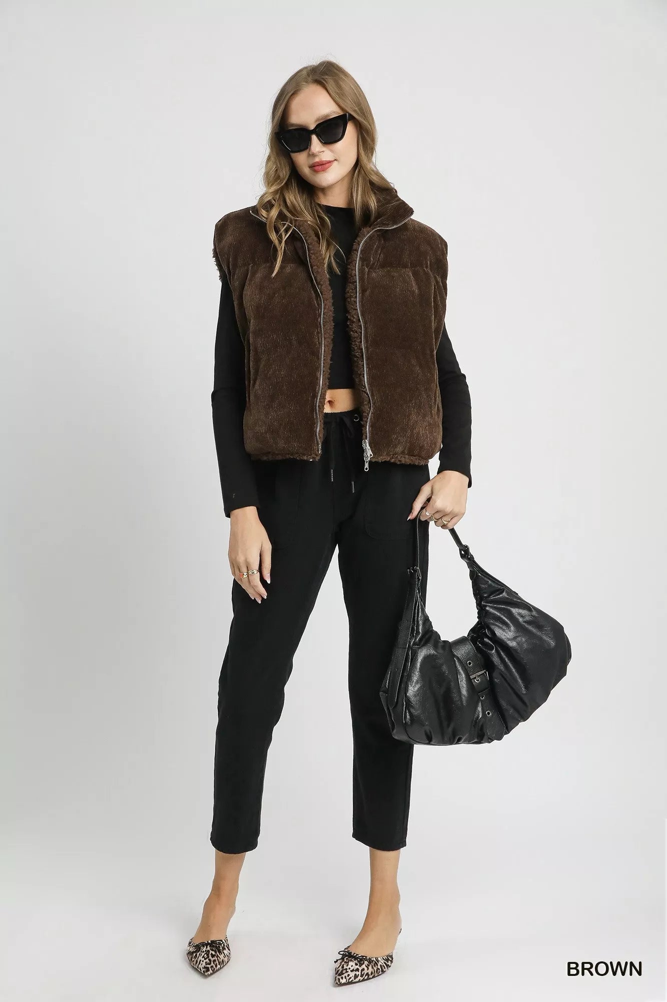 Drawstring Hem Sherpa-Lined Zip Up Vest in Brown | Trendy Vests Outfit Idea for Women by Ro + Ivy | Elevated Basics, Modern Comfort & Style