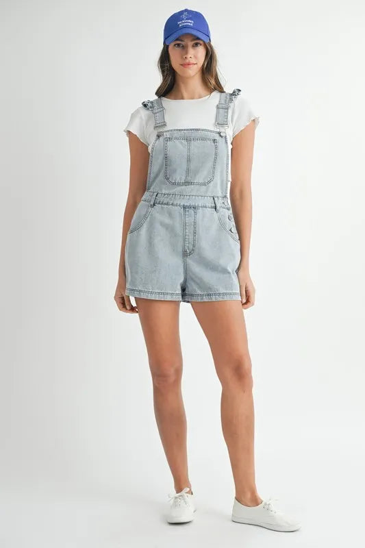 Square Neck Ruffle Shoulder Denim Overall Romper - Rompers