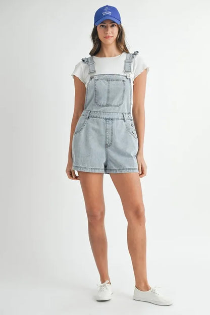 Square Neck Ruffle Shoulder Denim Overall Romper - Rompers