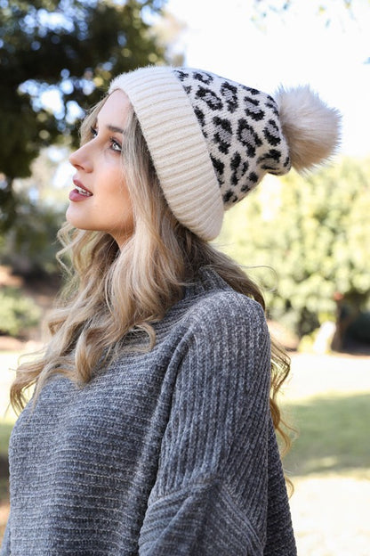 Camel Default Leopard Pom Pom Knit Beanie | Trendy Beanies Outfit Idea for Women by Ro + Ivy | Elevated Basics, Modern Comfort & Style