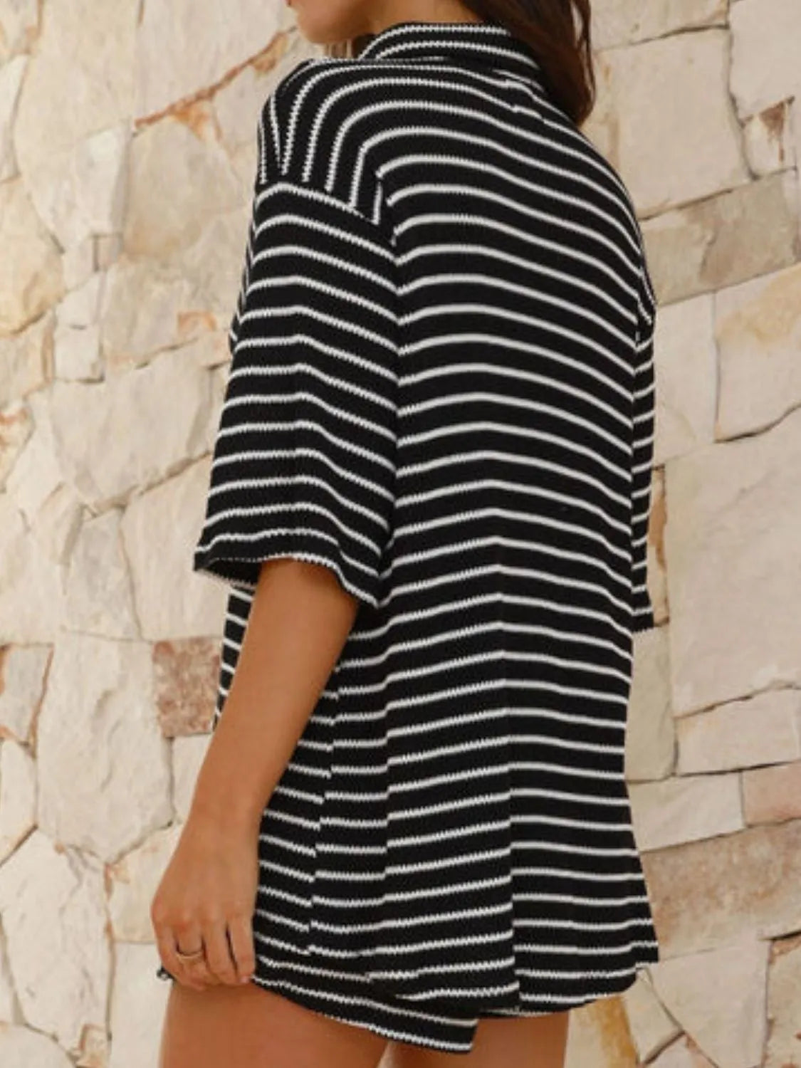 Striped Half Sleeve Top and Shorts Loungewear Set - Loungewear Sets
