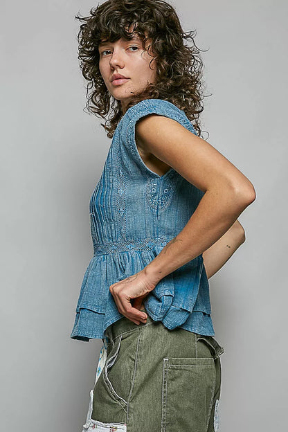 Women's Eyelet Embroidered Pintuck Cotton Blouse - Blouses