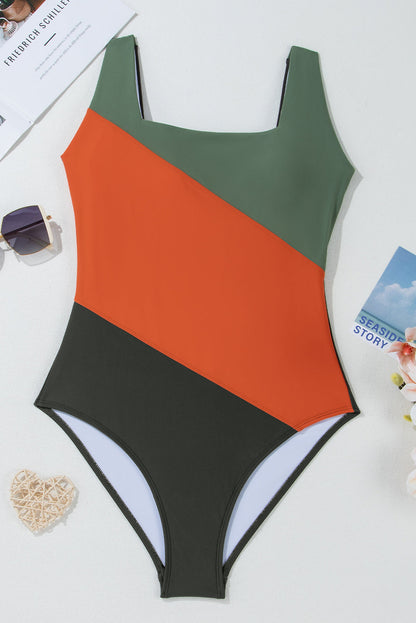 Colorblock Padded Square Neck One-Piece Swimsuit — Modern Silhouette Adjustable Strap Full Coverage - One-Piece Swimsuits