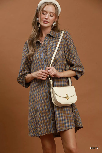Women's Plaid Button Down Oversized Shirt Mini Dress - GREY Mini Dresses