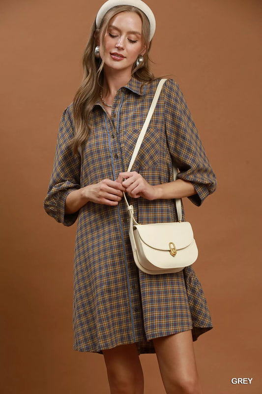 Women's Plaid Button Down Oversized Shirt Mini Dress GREY