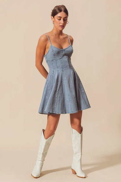 A Line Fit And Flare Denim Bow Ties Mini Dress | Trendy Mini Dresses Outfit Idea for Women by Ro + Ivy | Elevated Basics, Modern Comfort & Style