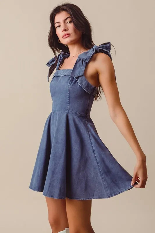 Denim Washed Fit and Flare Mini Dress with Bow Straps and Square Neck – outfit idea for women | Ro + Ivy