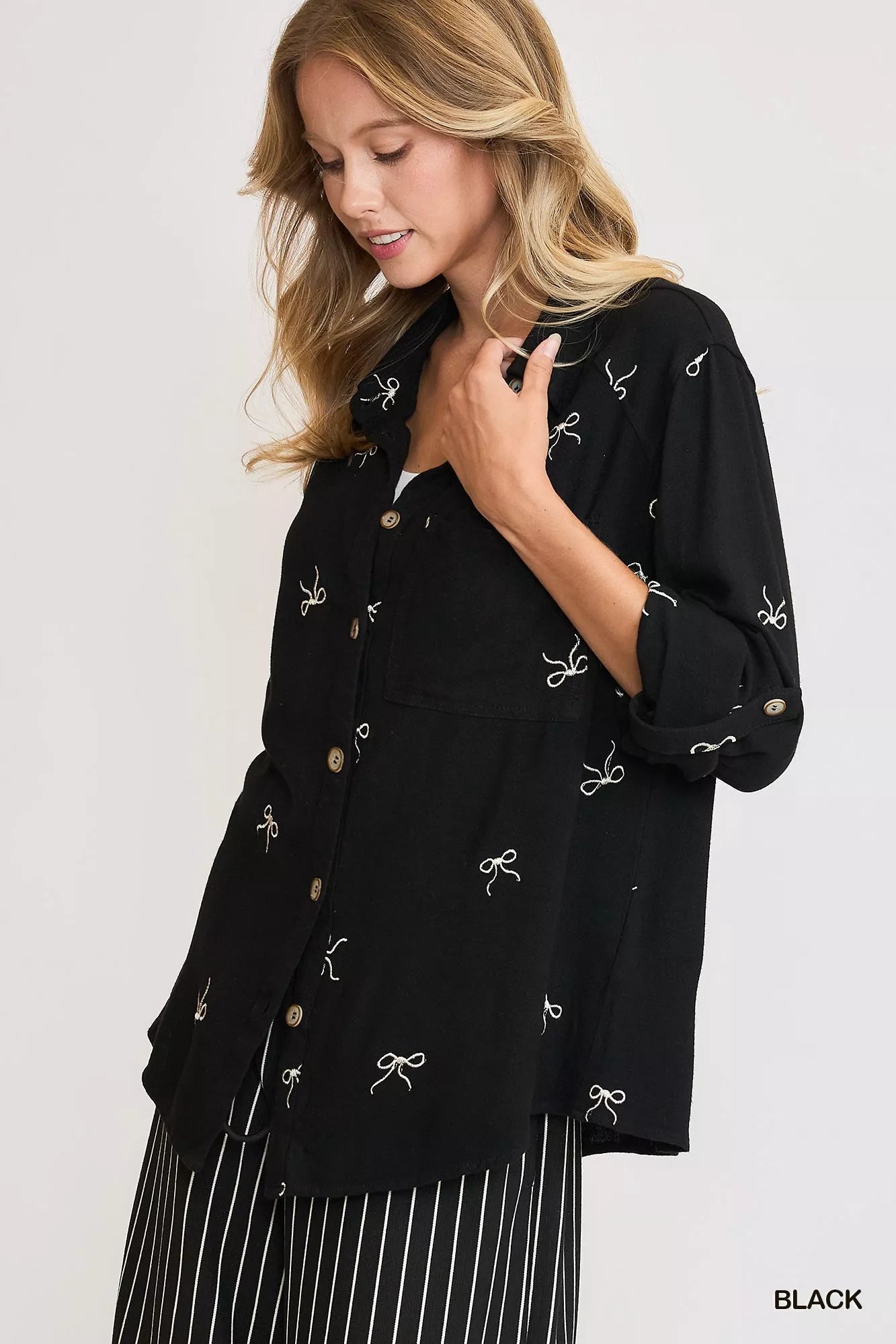 Ribbon Linen Blend Button Up Shirt in Black | Trendy Shirts Outfit Idea for Women by Ro + Ivy | Elevated Basics, Modern Comfort & Style