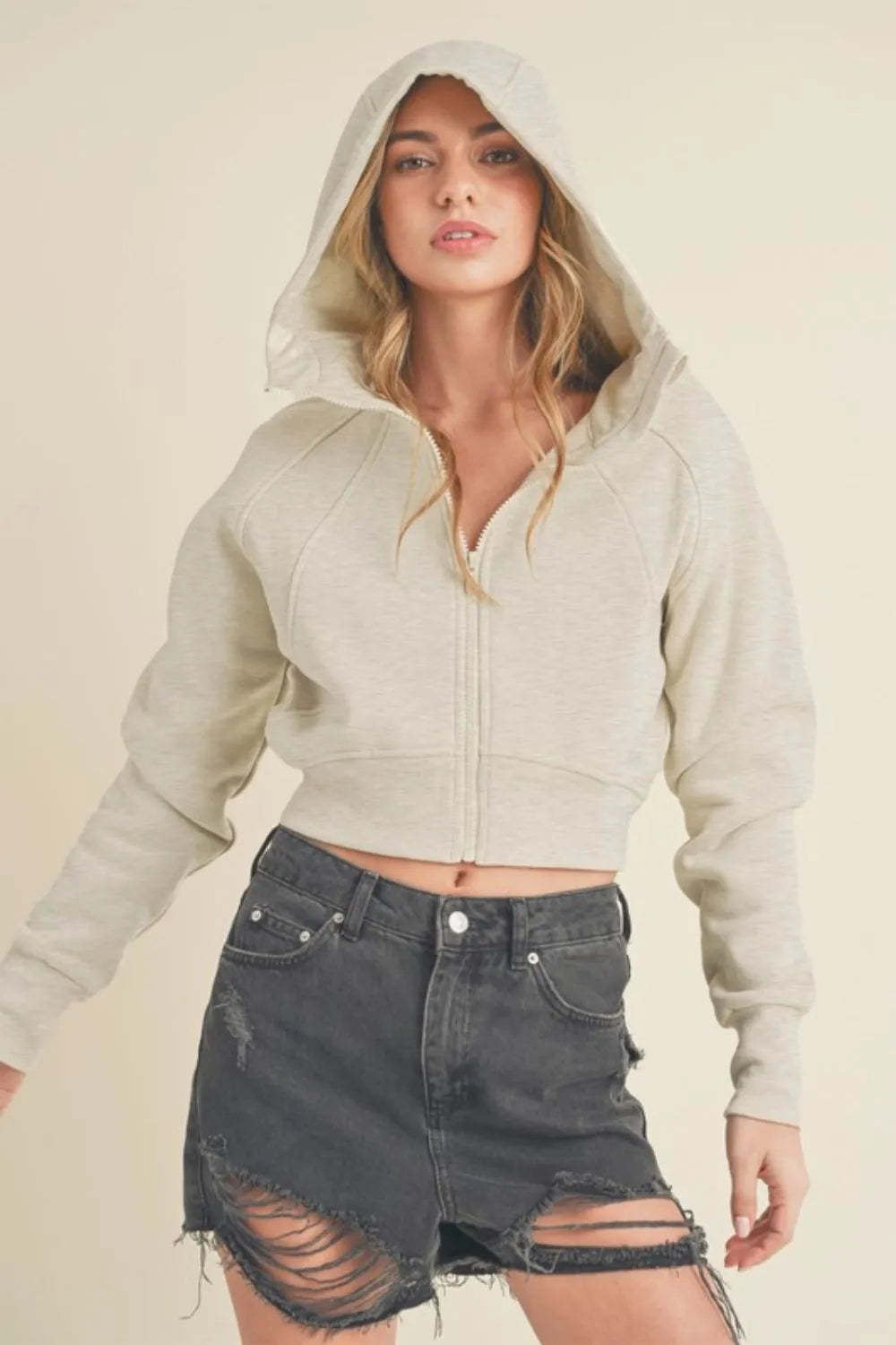 Heather Bone Raglan Long Sleeve Zip Up Cropped Hoodie | Trendy Zip-Up Hoodies Outfit Idea for Women by Ro + Ivy | Elevated Basics, Modern Comfort & Style