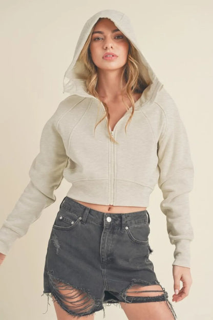Heather Bone Raglan Long Sleeve Zip Up Cropped Hoodie | Trendy Zip-Up Hoodies Outfit Idea for Women by Ro + Ivy | Elevated Basics, Modern Comfort & Style