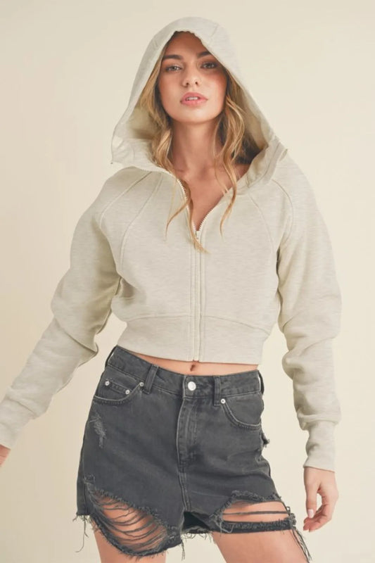 Heather Bone Raglan Long Sleeve Zip Up Cropped Hoodie | Trendy Zip-Up Hoodies Outfit Idea for Women by Ro + Ivy | Elevated Basics, Modern Comfort & Style