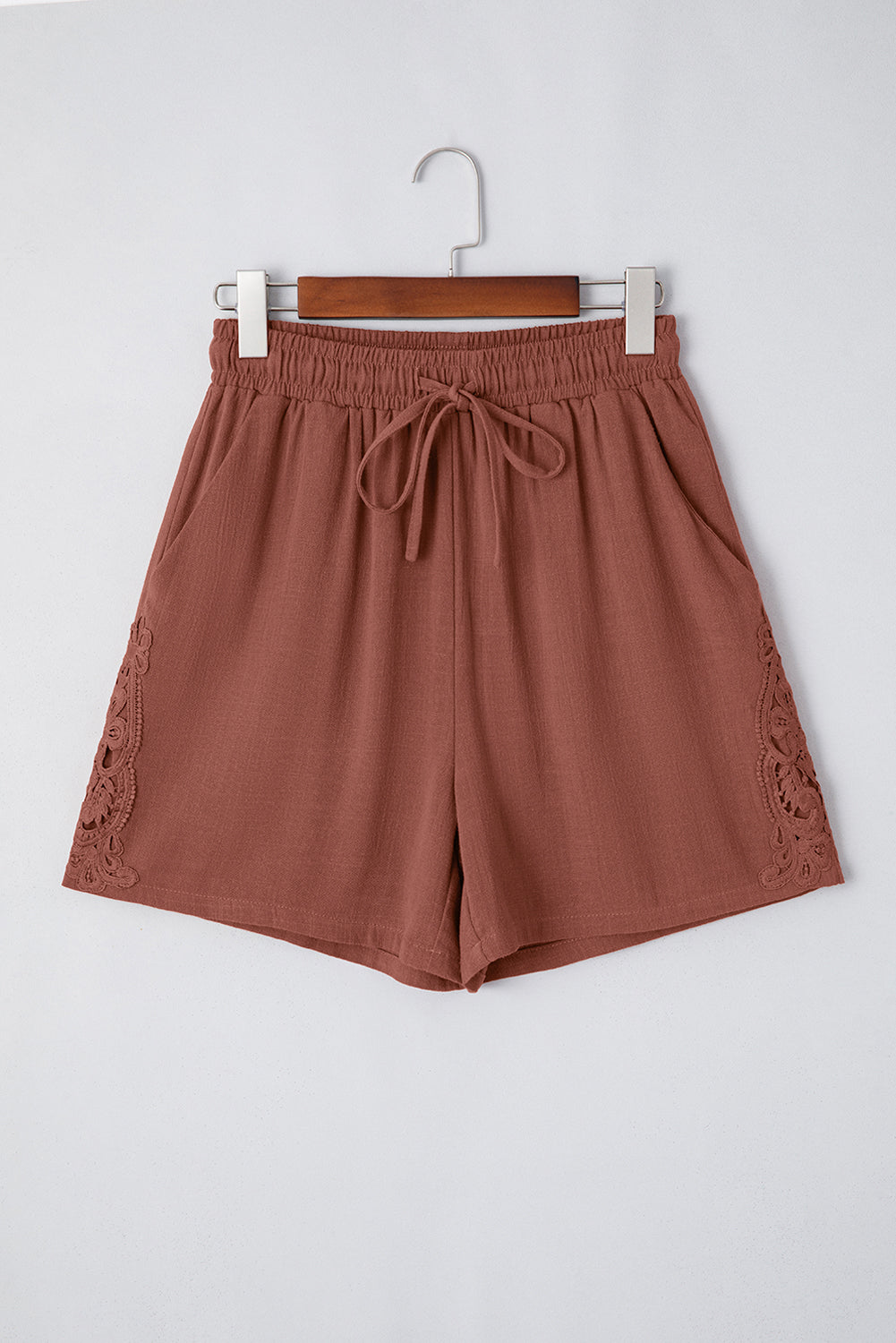 High Waist Drawstring Shorts With Crochet Side Detail — Relaxed Breathable Casual Style - Casual Shorts