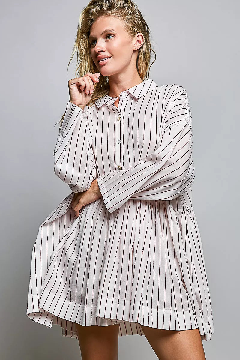 Women's Striped Gathered Waist Shirt Mini Dress - Mini Dresses