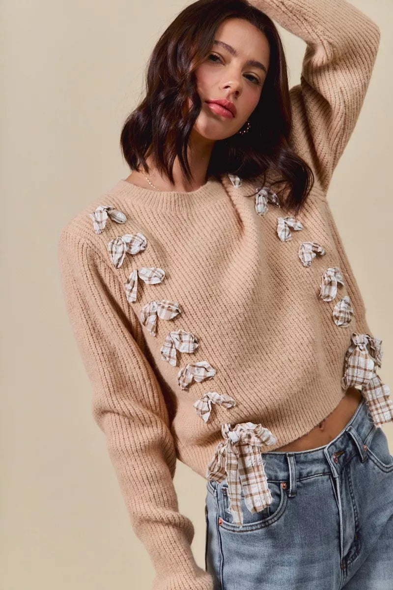 Checkered Plaid Tape Lace Up Ribbed Sweater - Sweaters
