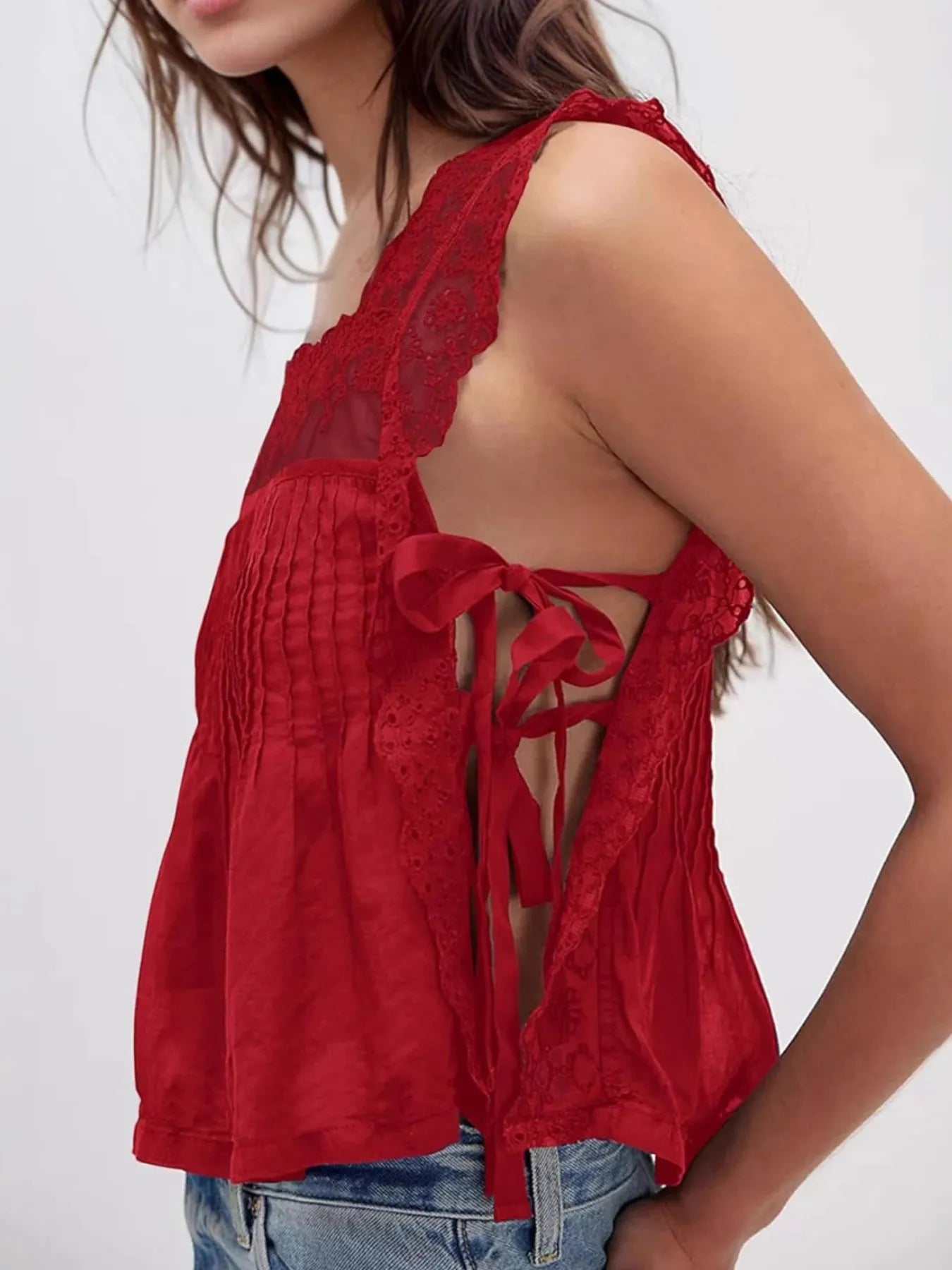 Women's Lace Trim Eyelet Square Neck Top - Blouses