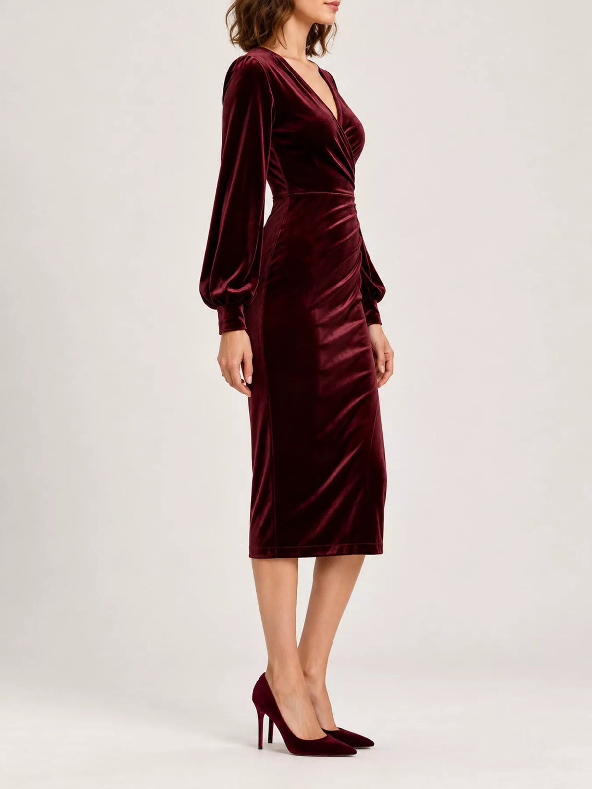 Long-Sleeve Velvet Wrap Dress with Ruched Bodycon Fit