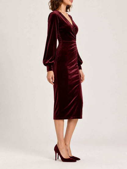 Long-Sleeve Velvet Wrap Dress with Ruched Bodycon Fit