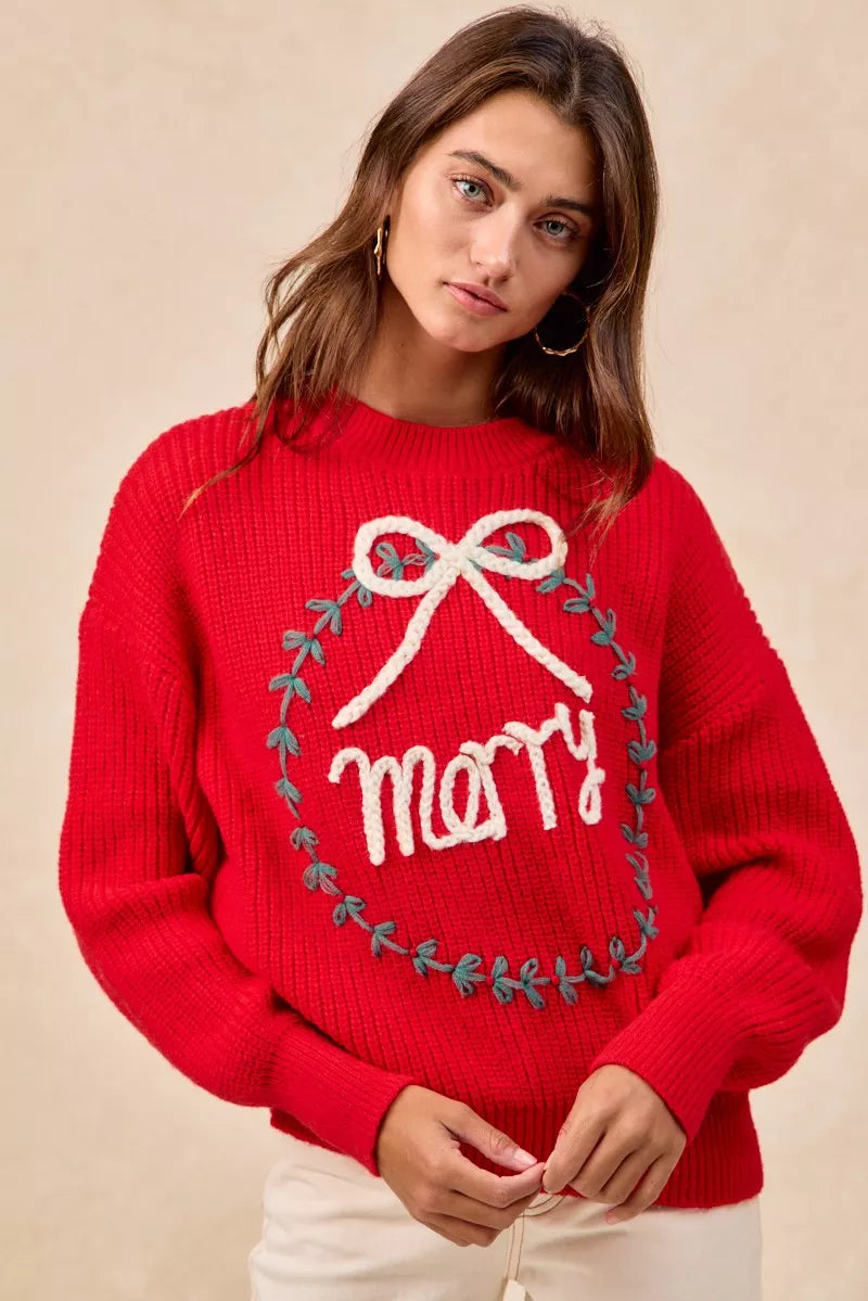 "Merry" Lettering Christmas Wreath Crewneck Sweater | Trendy Sweaters Outfit Idea for Women by Ro + Ivy | Elevated Basics, Modern Comfort & Style