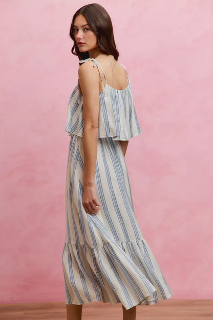 Women's Striped Tiered Shoulder Tie Midi Dress - Midi Dresses