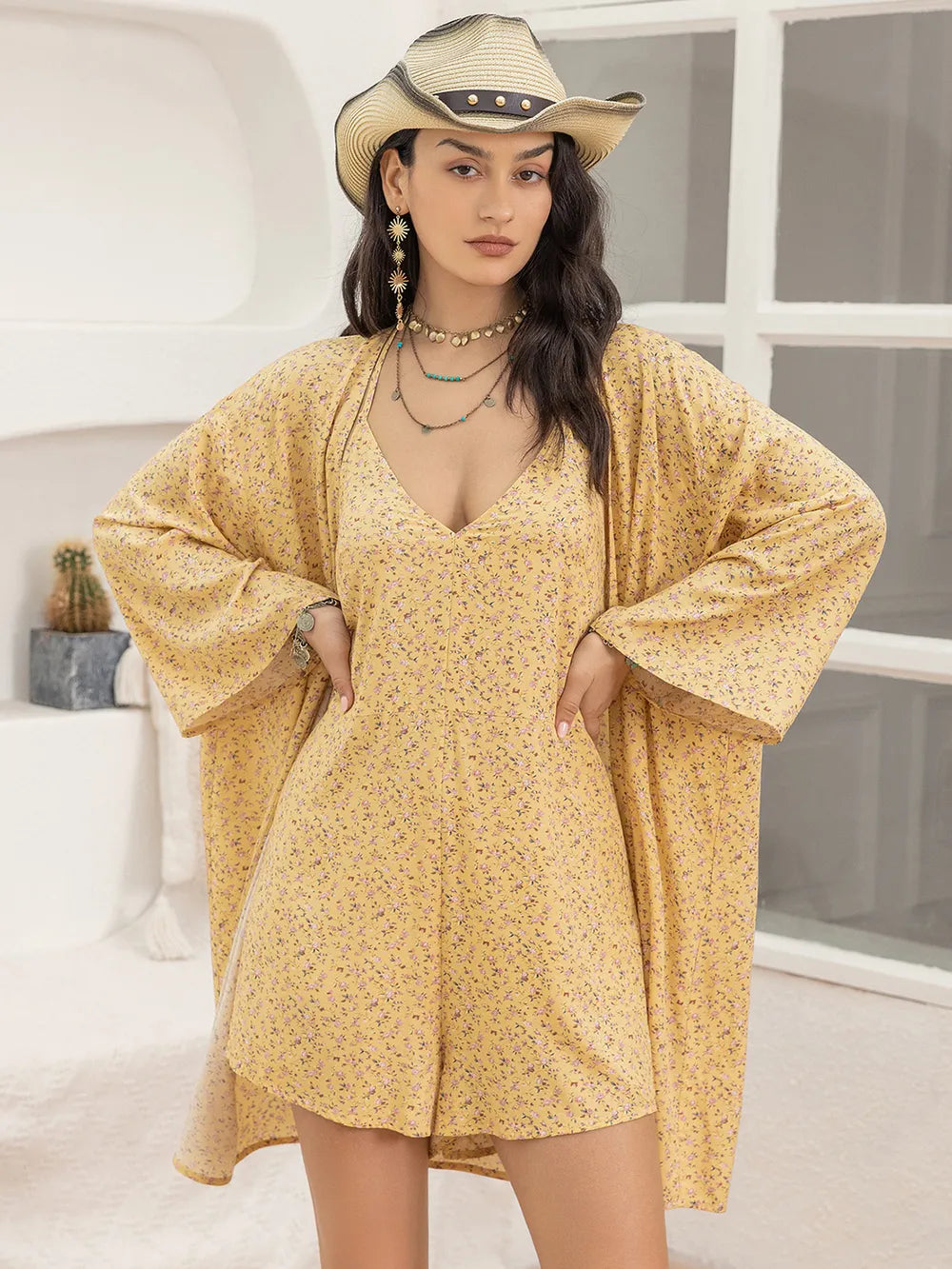 Women's Printed Halter Neck Romper and Cover Up Set - Rompers