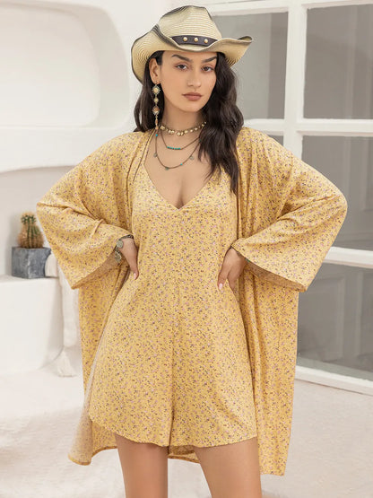 Women's Printed Halter Neck Romper and Cover Up Set - Rompers