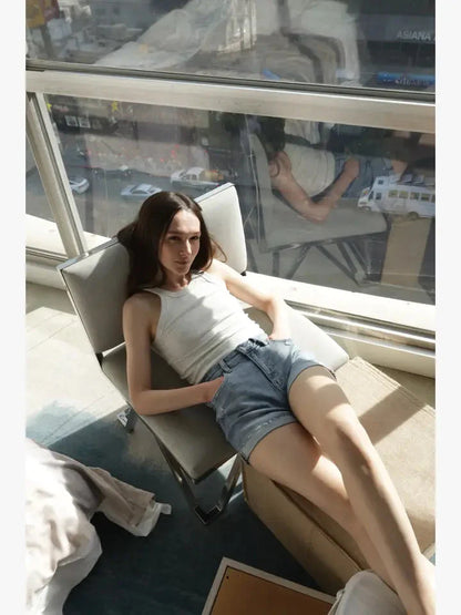High Rise Cuffed Stretch Denim Shorts Comfortable Versatile Everyday Summer Style