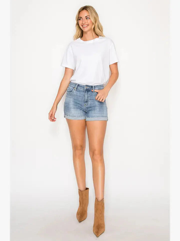 High Rise Cuffed Stretch Denim Shorts — Comfortable Versatile Everyday Summer Style - DENIM (NEW)