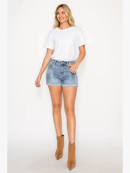 High Rise Cuffed Stretch Denim Shorts — Comfortable Versatile Everyday Summer Style - DENIM (NEW)