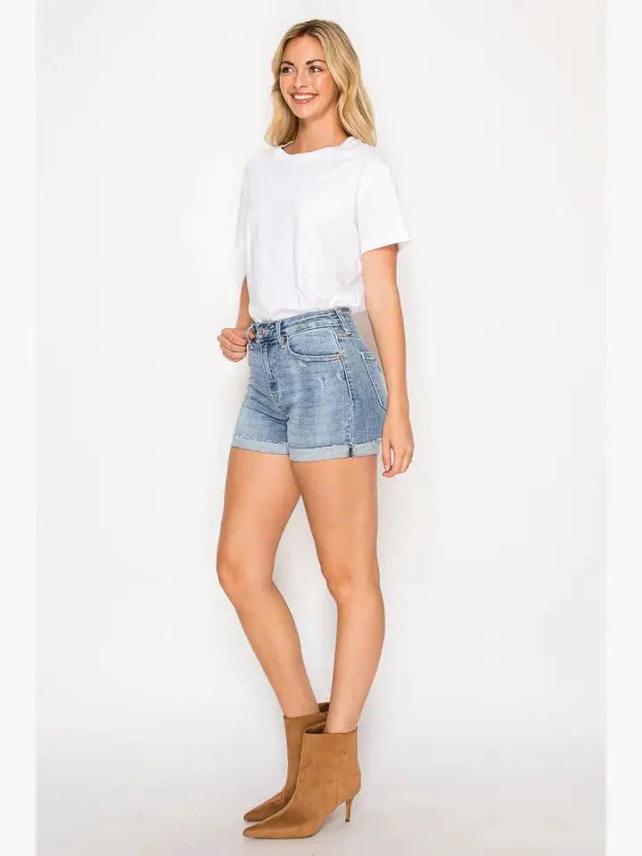 High Rise Cuffed Stretch Denim Shorts — Comfortable Versatile Everyday Summer Style - DENIM (NEW)