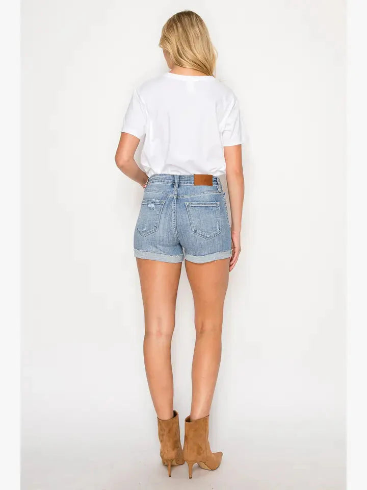 High Rise Cuffed Stretch Denim Shorts — Comfortable Versatile Everyday Summer Style - DENIM (NEW)
