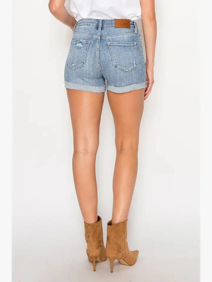 High Rise Cuffed Stretch Denim Shorts — Comfortable Versatile Everyday Summer Style - DENIM (NEW)
