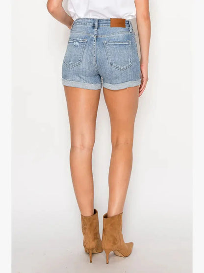 High Rise Cuffed Stretch Denim Shorts — Comfortable Versatile Everyday Summer Style - DENIM (NEW)