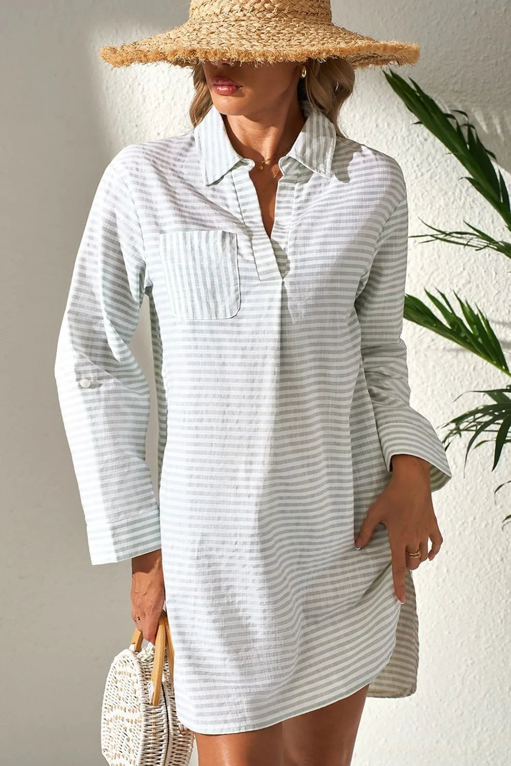 Striped Johnny Collar Long Sleeve Mini Shirt Dress - Mini Dresses