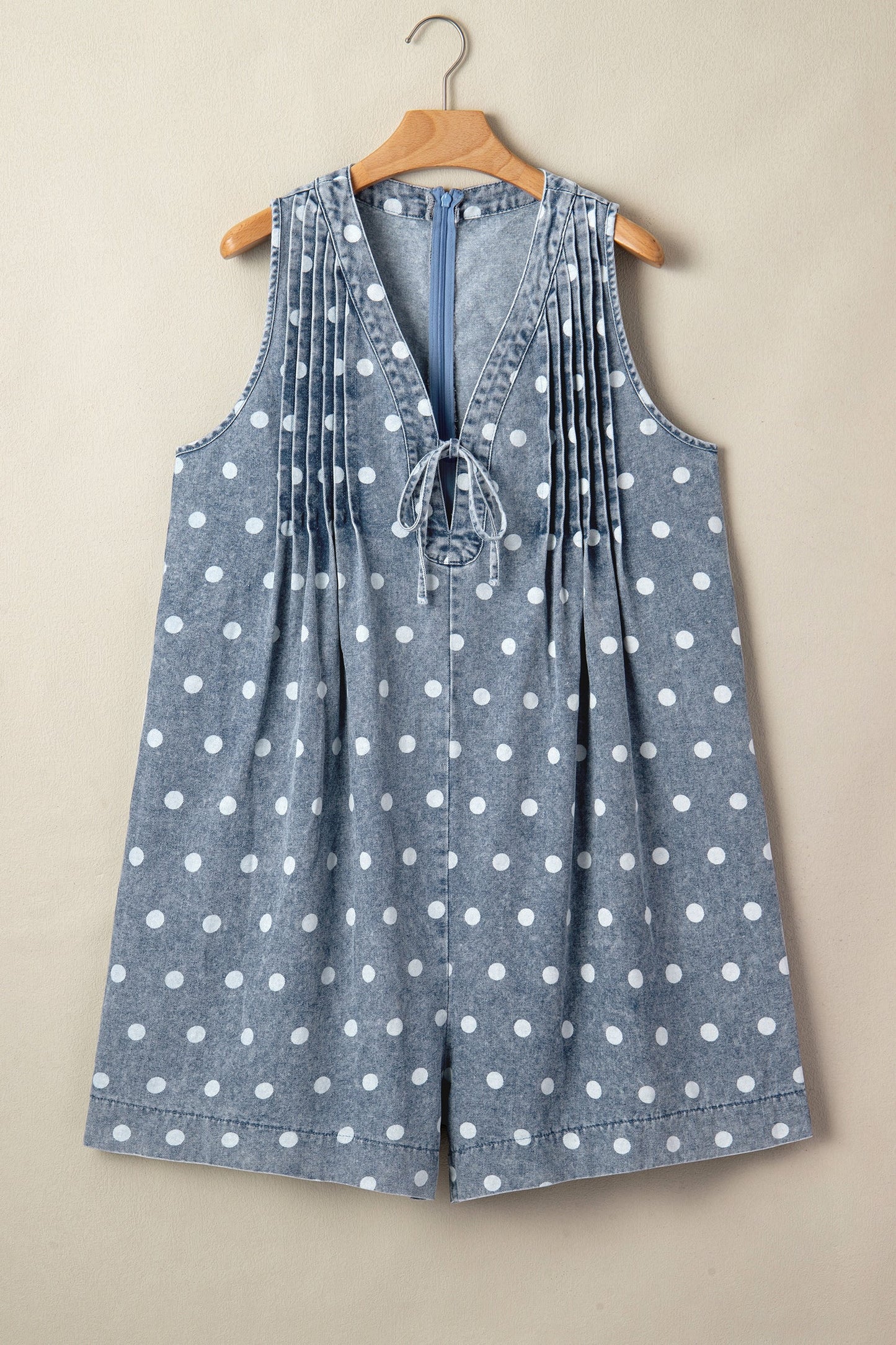 Polka Dot Denim Tie V-Neck Pleated Relaxed Romper — Playful Charming Everyday Style - Bottoms/Jumpsuits & Rompers