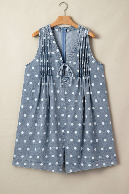 Polka Dot Denim Tie V-Neck Pleated Relaxed Romper — Playful Charming Everyday Style - Bottoms/Jumpsuits & Rompers