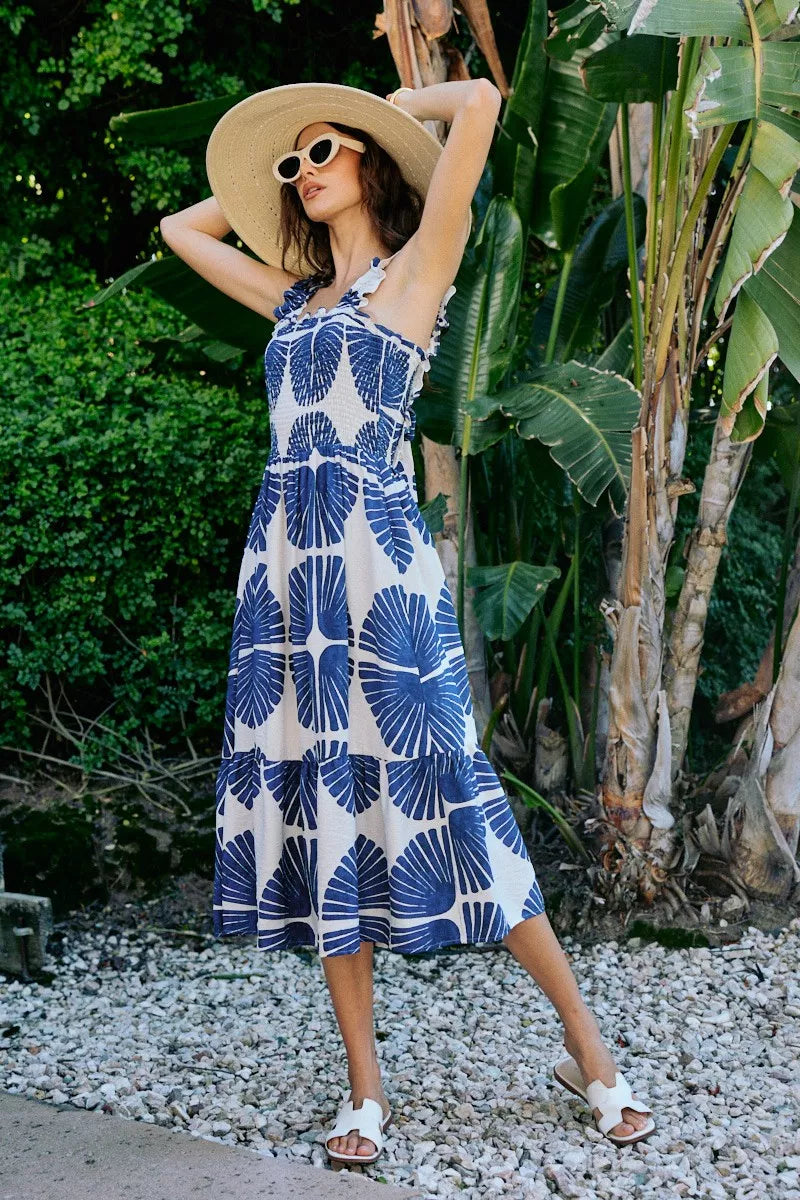 Women's Abstract Print Smocked Tiered Midi Dress - Midi Dresses