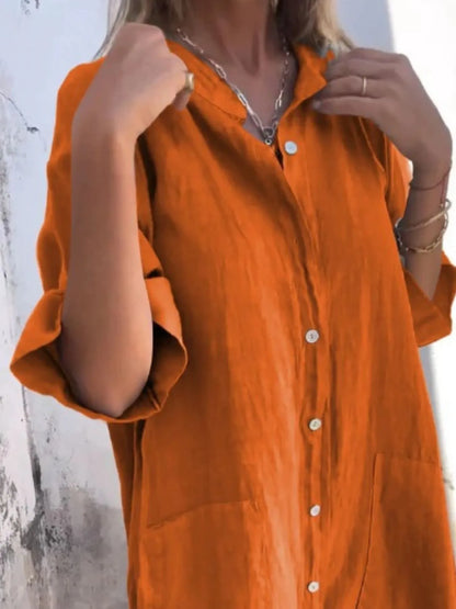 Women's Linen Button Down Shirt Mini Dress - Orange Red Mini Dresses