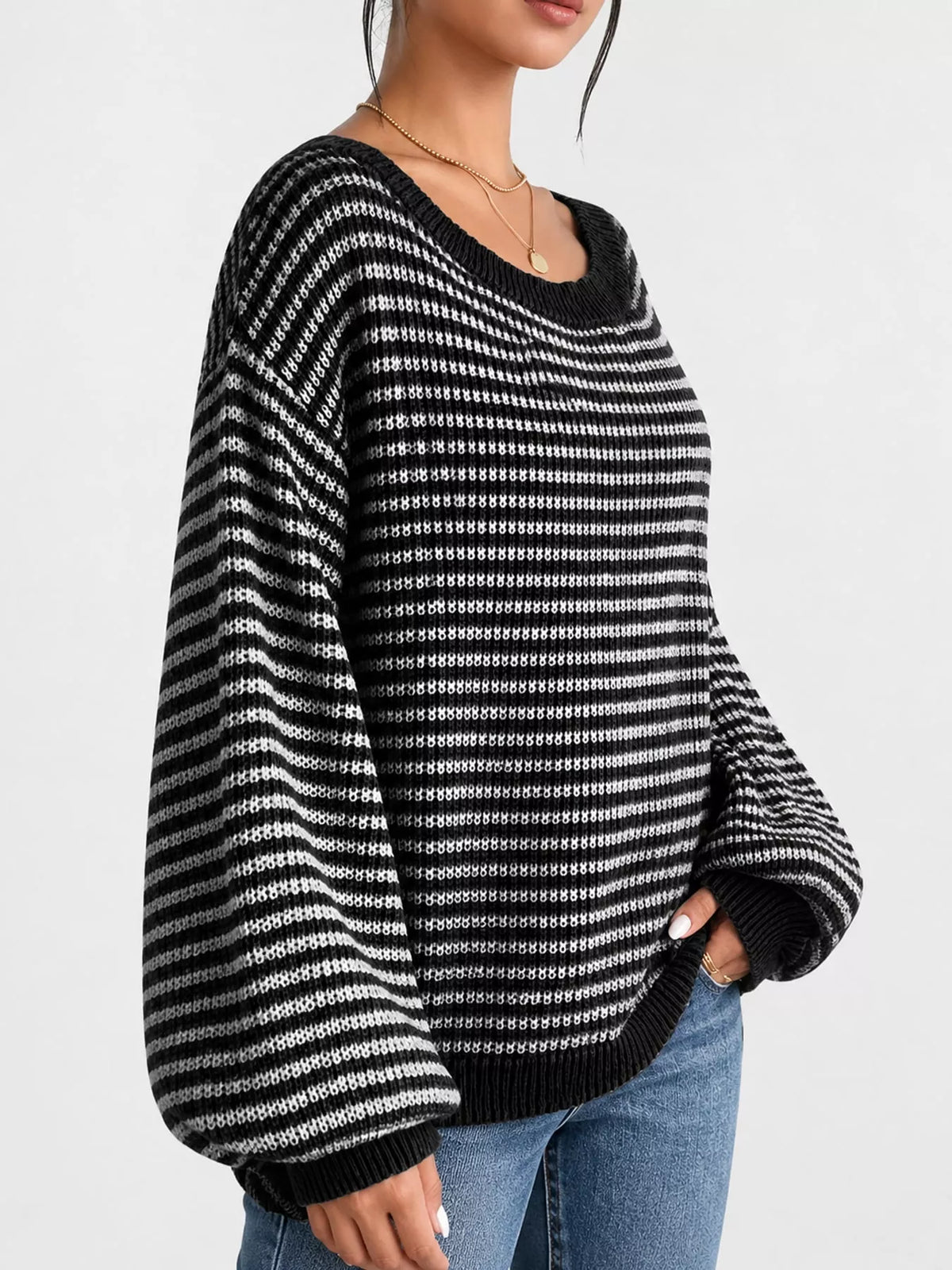 Oversized Striped Ribbed Knit Sweater with Boat Neck